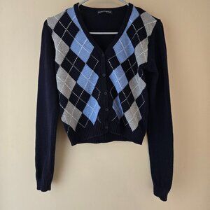 Brandy Melville Plaid Argyle Cardigan Sweater Blue White Gray Preppy Button Up